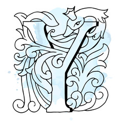 Vector drop cap. English letter Y with Russian ornament. For a fabulous design. Capital letter. Making books with fairy tales. Fairy bird with a crown
