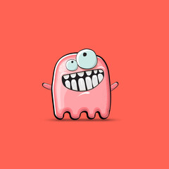 Funny cute smiling pink ghost monster isolated on pink background. Hand drawn cartoon pink ghost character with eyes and mouth , cute emoji. Funky Halloween spirit element.