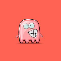 Funny cute smiling pink ghost monster isolated on pink background. Hand drawn cartoon pink ghost character with eyes and mouth , cute emoji. Funky Halloween spirit element.