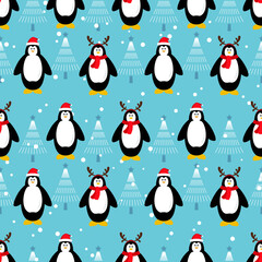 Christmas seamless pattern with penguin on falling snow background. Cute cartoon seasonal surface. Animal character vector illustration.