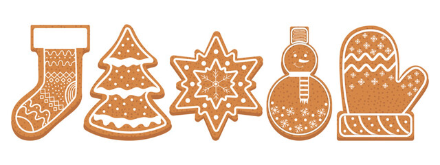 Christmas gingerbread collection with star, snowman, christmas tree, mitten, Christmas stocking. Winter icons.