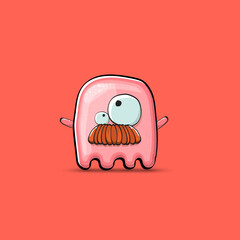 Funny cute smiling pink ghost monster isolated on pink background. Hand drawn cartoon pink ghost character with eyes and mouth , cute emoji. Funky Halloween spirit element.