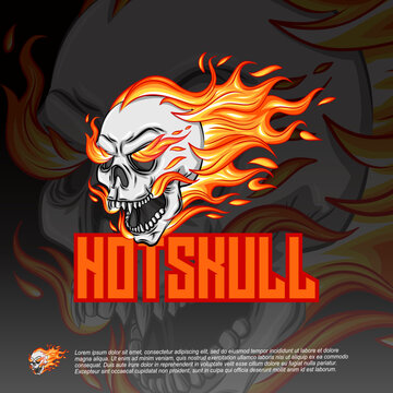 Skull head esports mascot logo design with burning fire.