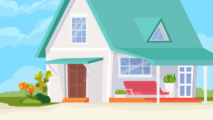 Suburban house building view, banner in flat cartoon design. Exterior of country house, with windows, doors and terrace. Cottage at village, rural realty estate. Illustration of web background