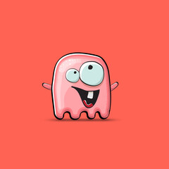 Funny cute smiling pink ghost monster isolated on pink background. Hand drawn cartoon pink ghost character with eyes and mouth , cute emoji. Funky Halloween spirit element.