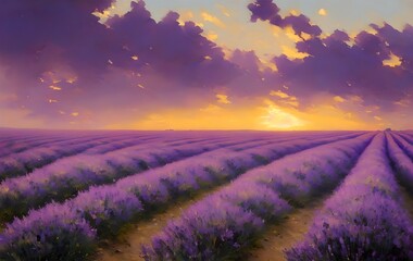 Fototapeta na wymiar Sunset at lavender fields