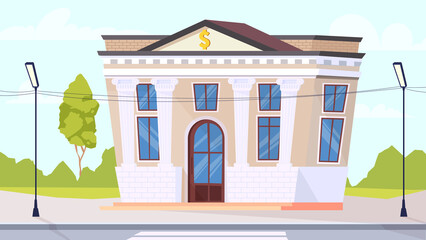Bank building view, banner in flat cartoon design. White house with column in classical architecture style. Financial operations office, banking service concept. Illustration of web background