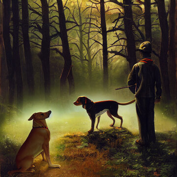 Hunter and dog in the forest hunting