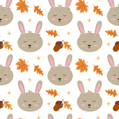 Cute rabbit with acorns and autumn leaves. Seamless pattern. Can be used for web page background fill, surface texture