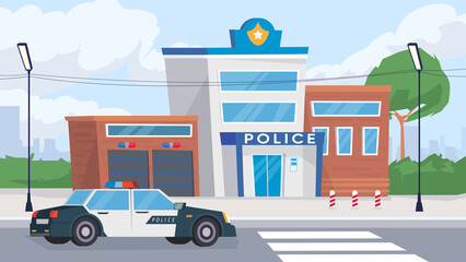 Police department building view, banner in flat cartoon design. Exterior of police station with patrol car. Protection, justice guards, justice structure concept. Illustration of web background
