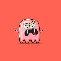 Funny cute smiling pink ghost monster isolated on pink background. Hand drawn cartoon pink ghost character with eyes and mouth , cute emoji. Funky Halloween spirit element.