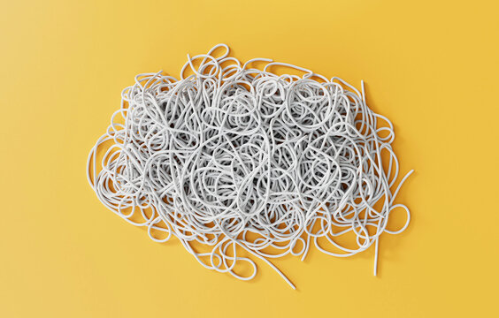 A tangled pile of string or wire. Confusion and thought process concept. 3D Rendering