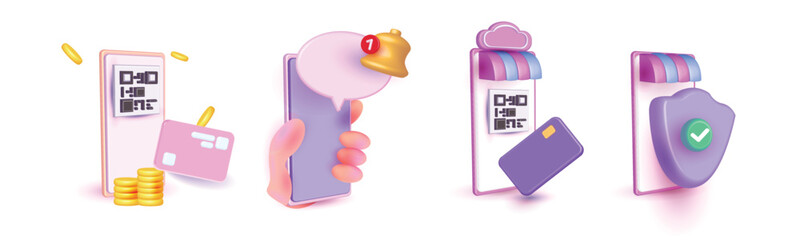 banking earning realistic vector icon set 3d render promotion, payment, card,mobile in colorful smart phone app concept. web atm save money wallet  investment money Business 