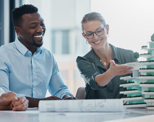 Blueprint, 3d architecture and people planning for building infrastructure collaboration, teamwork and business design model. Diversity construction manager in civil engineering talk of floor plan