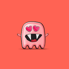 Funny cute smiling pink ghost monster isolated on pink background. Hand drawn cartoon pink ghost character with eyes and mouth , cute emoji. Funky Halloween spirit element.
