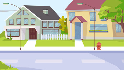 Country street view, banner in flat cartoon design. Village landscape with house buildings, sidewalk, lanterns. Suburban infrastructure and real estate concept. Illustration of web background © DesignSells