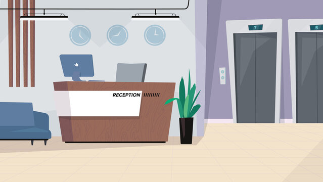 Reception waiting hall interior, banner in flat cartoon design. Lobby in modern office or hotel, reception desk with computer, sofa, elevator doors and decor. Illustration of web background
