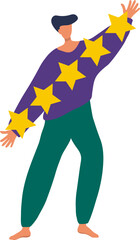 Man holds a five star rating. Simple flat design.