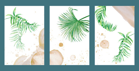 Botanical art set with elements of abstraction in beige and green tones. Creative hand drawn textures with wall composition of palm tree branches and leaves. Boho interior art.