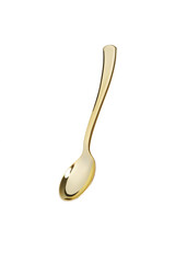 Close-up shoot of a foil gold disposable paper party spoon. This paper spoon feature a trendy metallic finish. The gold disposable paper spoon is isolated on a white background. Front view.