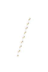Naklejka premium Close-up shoot of a white disposable paper cocktail straw with gold dots. The white and gold disposable paper straw is isolated on a white background. Front view.