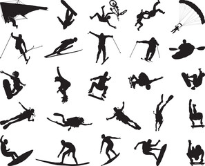 Black silhouettes of extreme sports on a white background