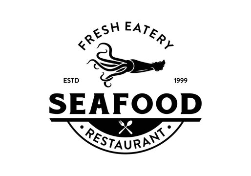 Squid seafood vintage logo design template