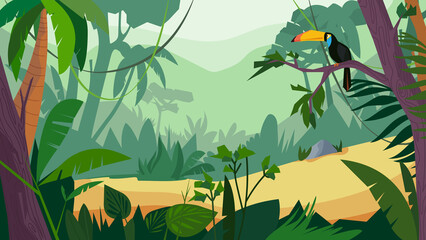 Jungle forest view, banner in flat cartoon design. Scenery with green tropical trees, plants and shrubs, toucan sits on branch. Wildlife panoramic with landscape. Illustration of web background