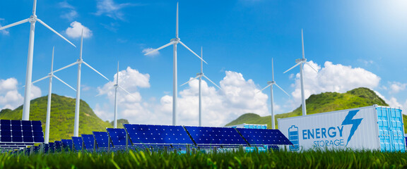 solar cell plant and wind generators under blue sky on sunset.Powerplant with photovoltaic panels...