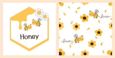Seamless pattern with yellow daisy flower and bee cartoons on white background. Set of daisy icon and bee logo isolated on white background vector illustration.
