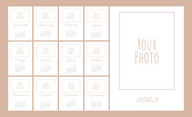Naklejka premium Wall calendar template for 2023 year. Set of 12 months. 2023. Concept, vector editable calender page template for photo. Planner design. Vertical.