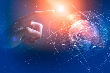 Businessman touching abstract world and background geometric with icons for Science and business technology. Connection triangle structure.Metaverse Technology.