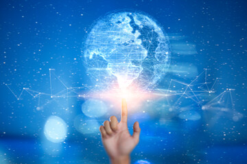 Businessman touching abstract world and background geometric with icons for Science and business technology. Connection triangle structure.Metaverse Technology.