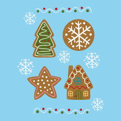 Illustration of a four gingerbread cookies with Christmas shapes and handmade letters and snowflakes
