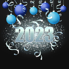 Happy new year 2023. Instagram post. Christmas blue and cyan balls and silver serpentine. Vector illustration.