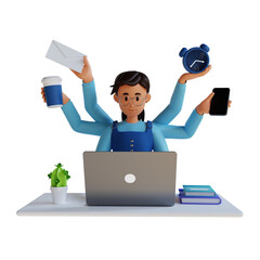 Young girl busy with many hands work 3d character illustration
