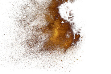 Plakat Yellow sand fly wave in the air. Golden sand explosion isolated on black background. Abstract sand cloud. Golden colored sand splash against dark background.