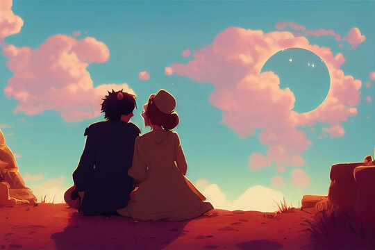  una encantadora pareja de anime sentada en una colina frente a un sol de fantasía, nubes rosadas Ilustración De Stock