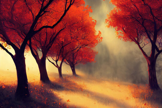 foggy sunrise scene in an autumn forest, cartoon illustration