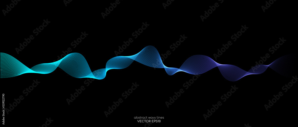 Aufkleber Vector wave lines smooth flowing dynamic blue green gradient light isolated on black background for concept of technology, digital, communication, science, music