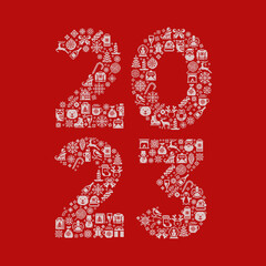 New Year 2023 knitted number. Knitting effect inscription made of holiday elements in red and white colors. Vector illustration.