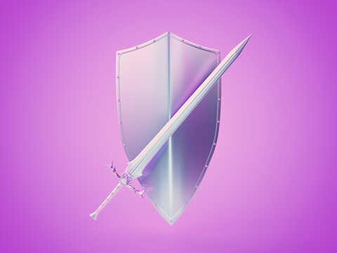 3d rendered illustration of a chrome shield and sword