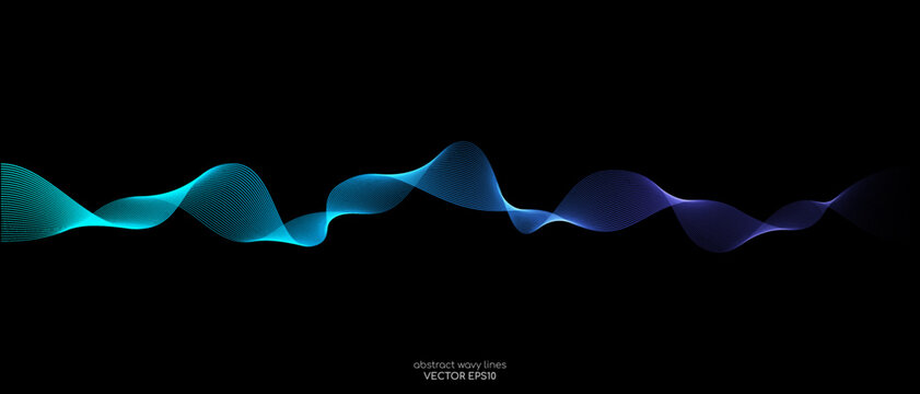 Vector wave lines smooth flowing dynamic blue green gradient light isolated on black background for concept of technology, digital, communication, science, music