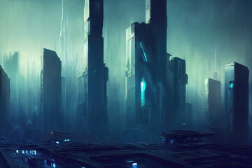blue fog scene at a high tech sci fi city