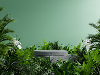 Concrete podium in tropical forest for product presentation and green wall.