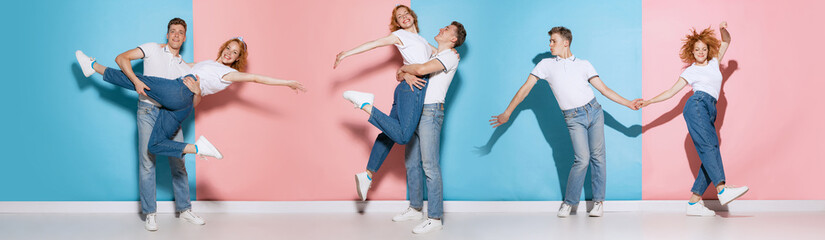 Collage. Portrait of young cheerful people in casual clothes dancing, having fun isolated over pink...