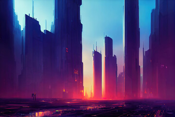 beautiful sunrise illustration of a future sci fi city