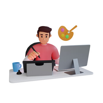 man an illustrator sitting while using a graphic tablet 3d character illustration
