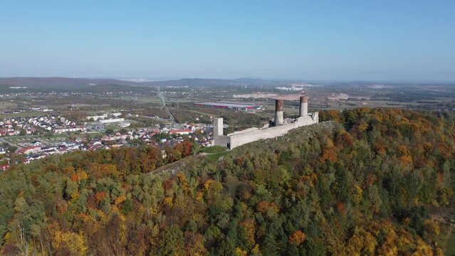 Castle in Checiny filmed from above overlooking the city of Checiny, Poland.