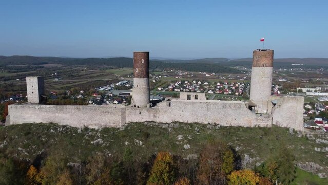 Castle in Checiny filmed from above overlooking the city of Checiny, Poland.